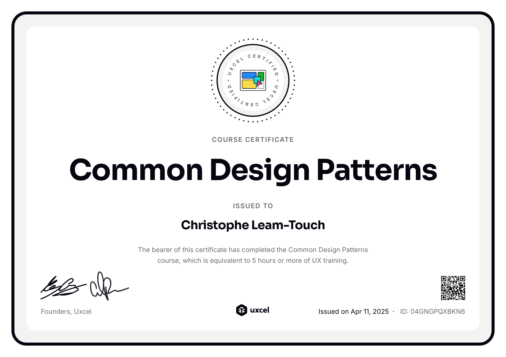 Christophe Leam-Touch's certificate